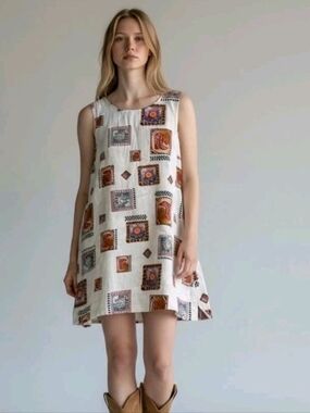 Paper Heart Womens Large Linen Mini Sun Dress Summer Cowboy Boots Western Spur